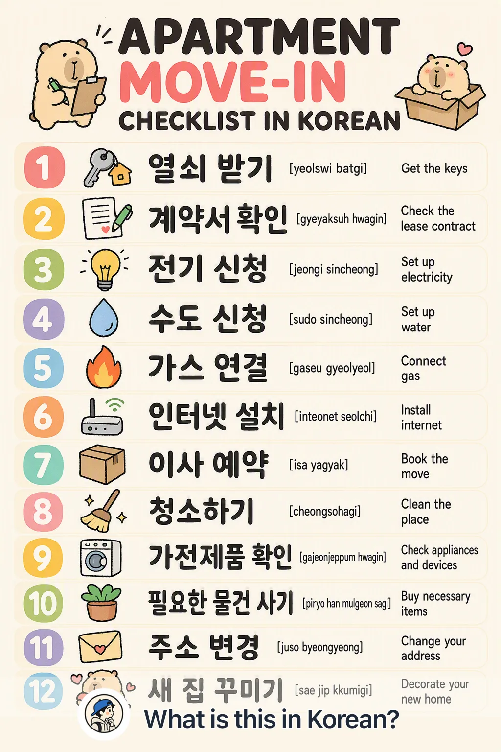 Apartment move-in checklist in Korean — Korean vocab chart
