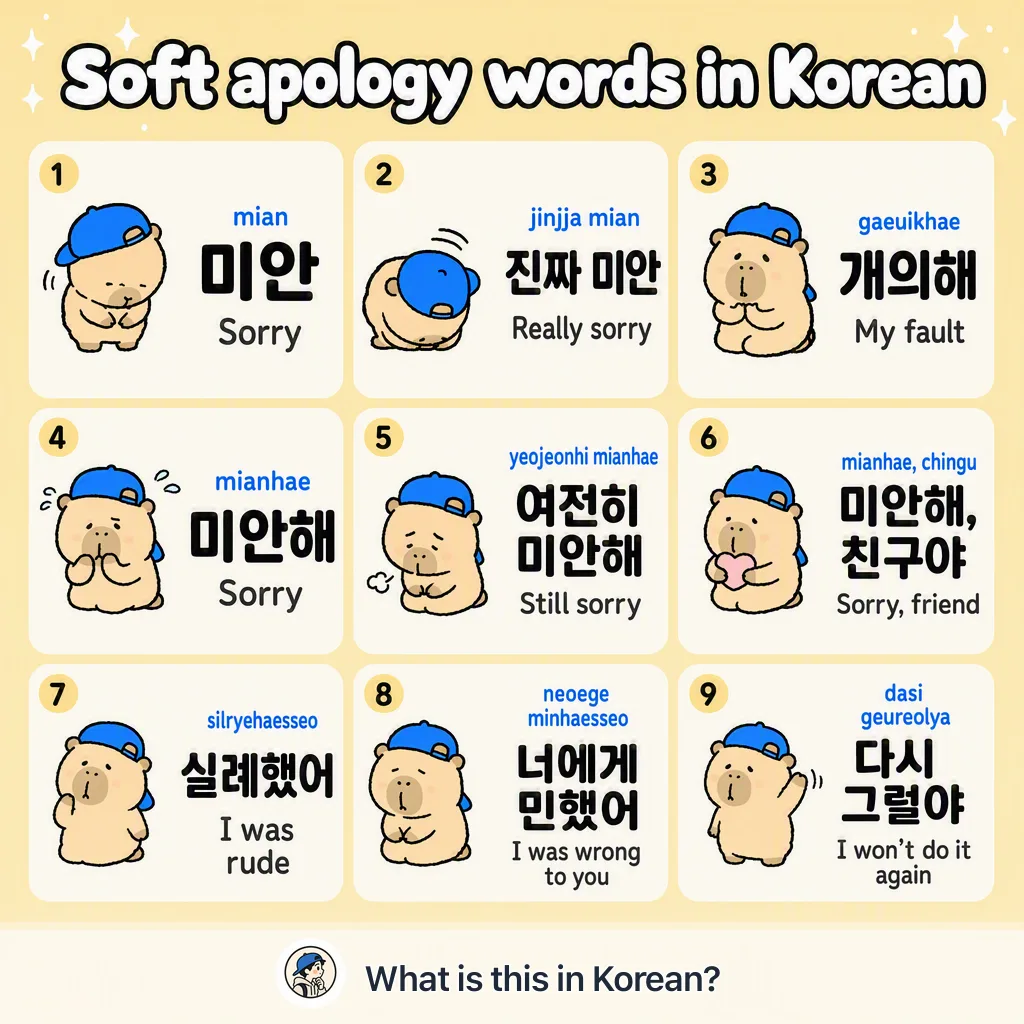Soft apology words in Korean — Korean vocab chart