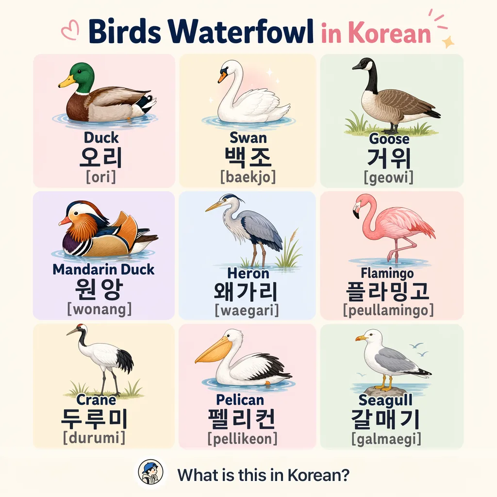 Birds Waterfowl in Korean — Korean vocab chart