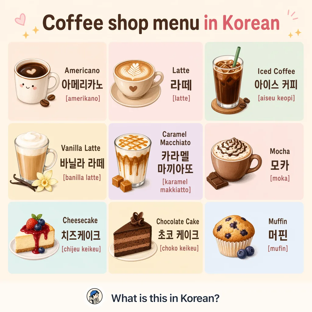 Coffee shop menu in Korean — Korean vocab chart