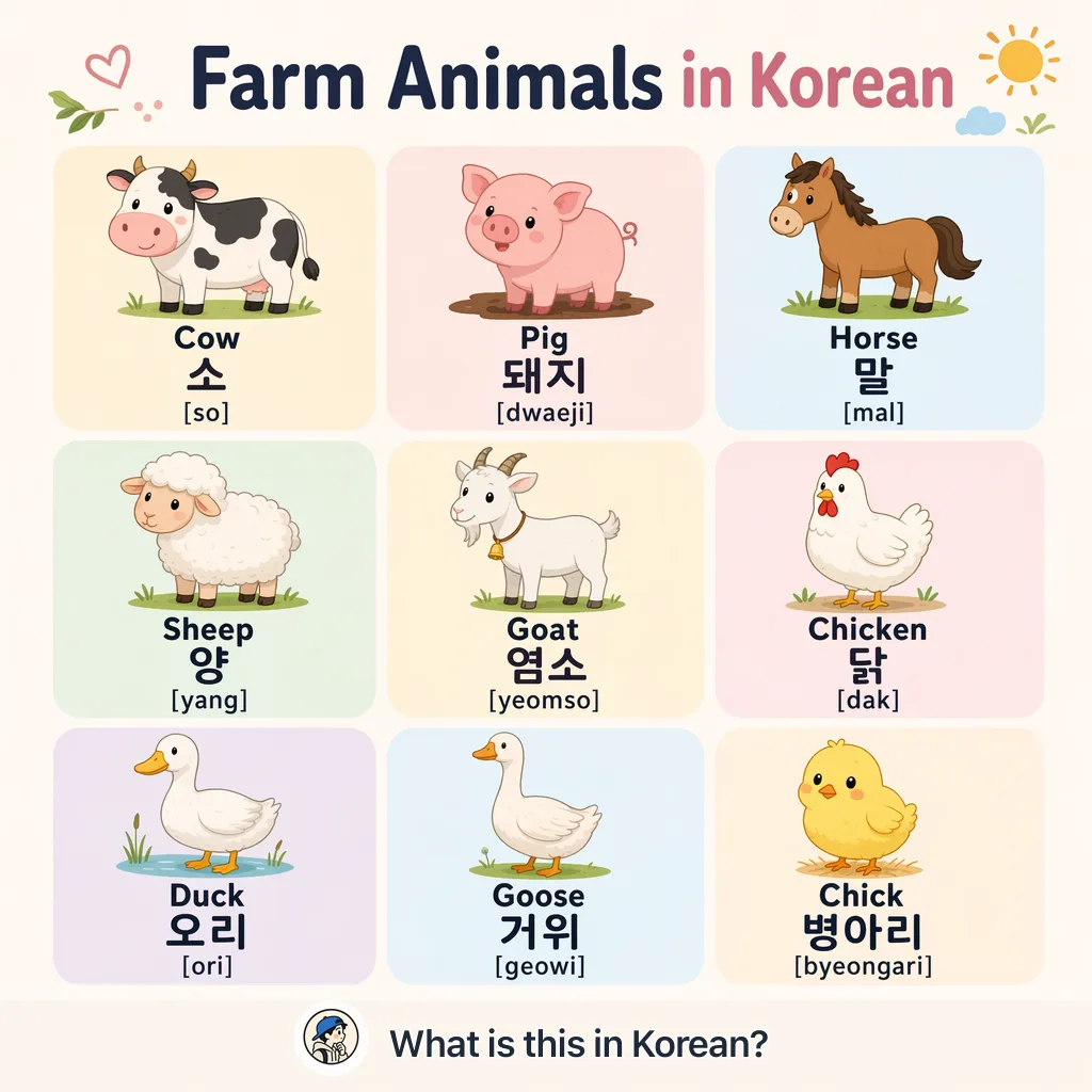 Farm Animals in Korean — Korean vocab chart
