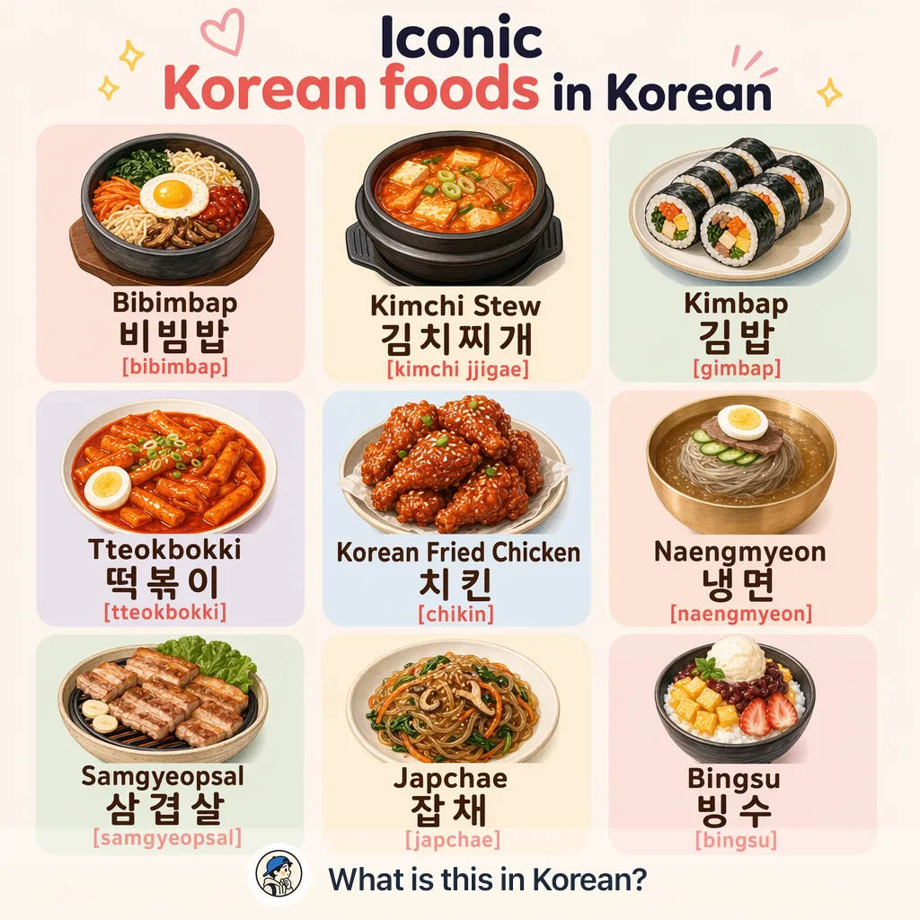 Iconic Korean foods in Korean — Korean vocab chart