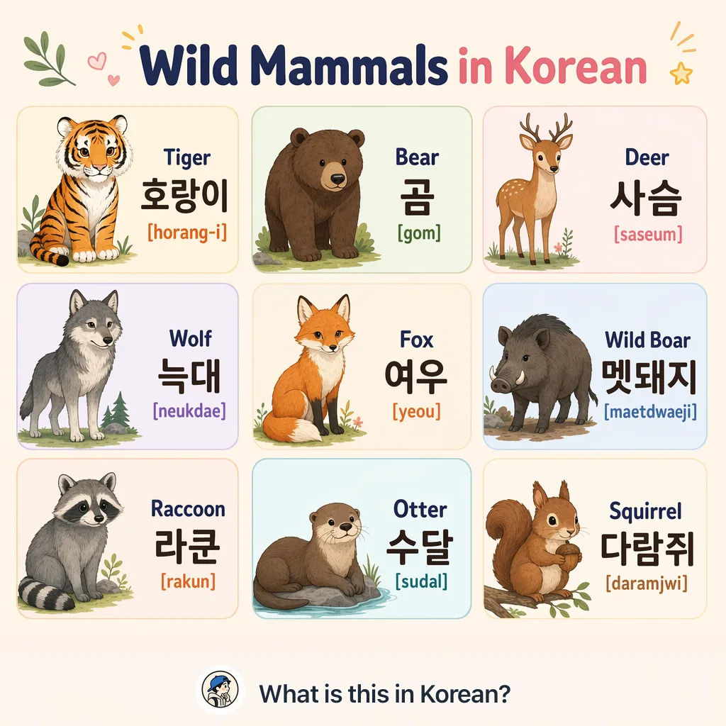 Wild Mammals in Korean — Korean vocab chart