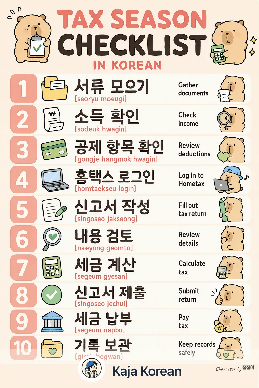 Tax season checklist in Korean — Korean vocab chart