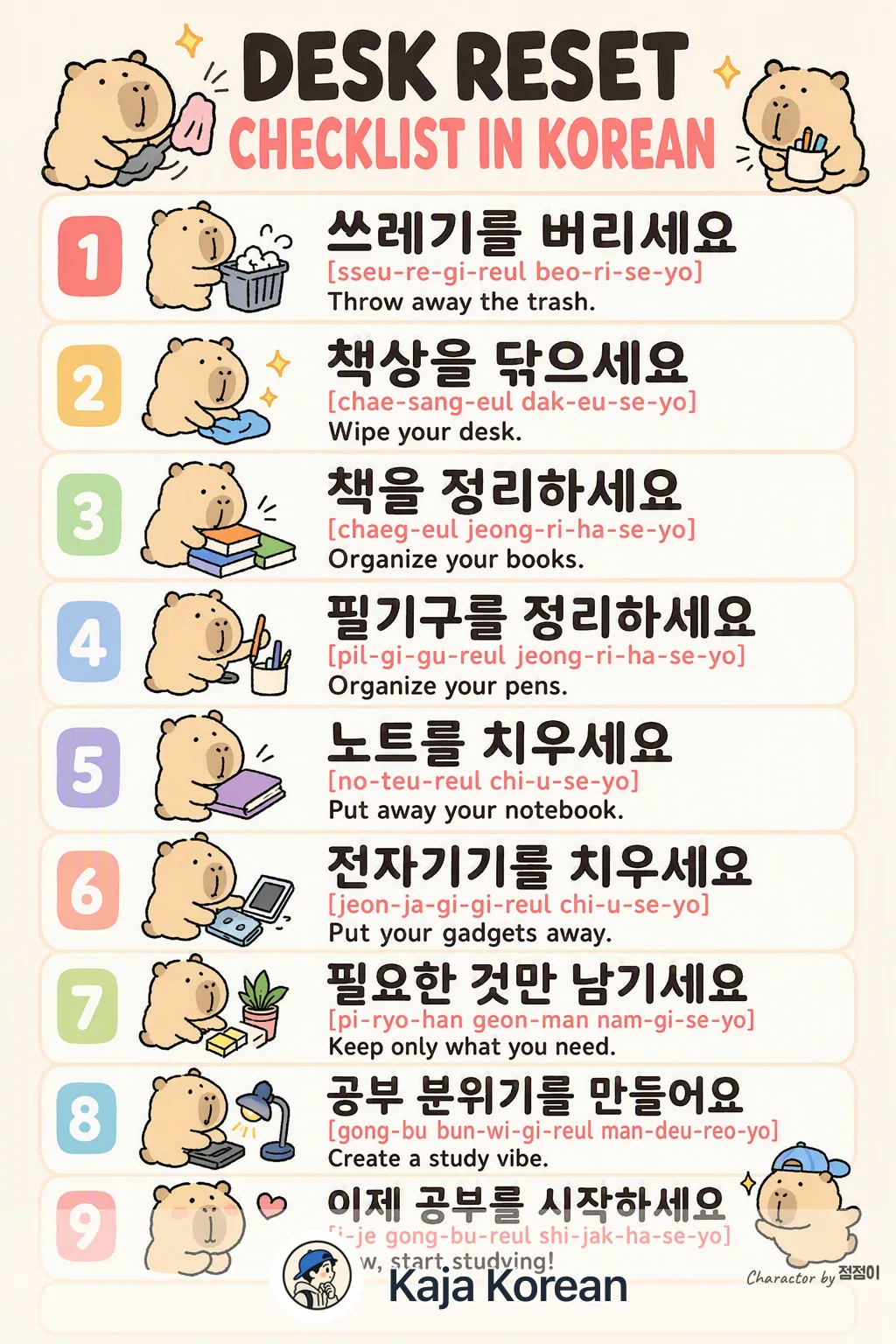 Desk reset checklist in Korean — Korean vocab chart