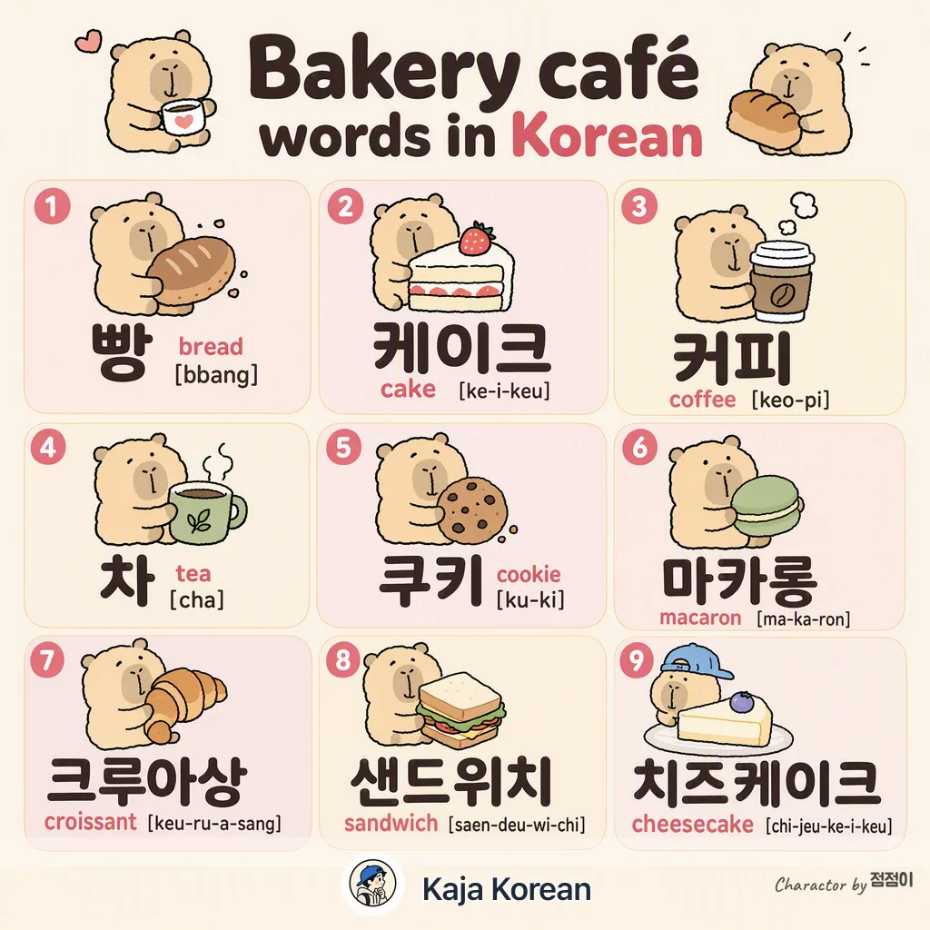 Bakery café words in Korean — Korean vocab chart