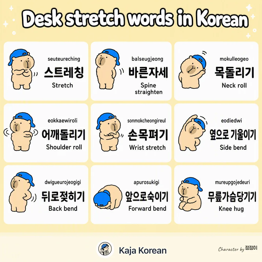 Desk stretch words in Korean — Korean vocab chart