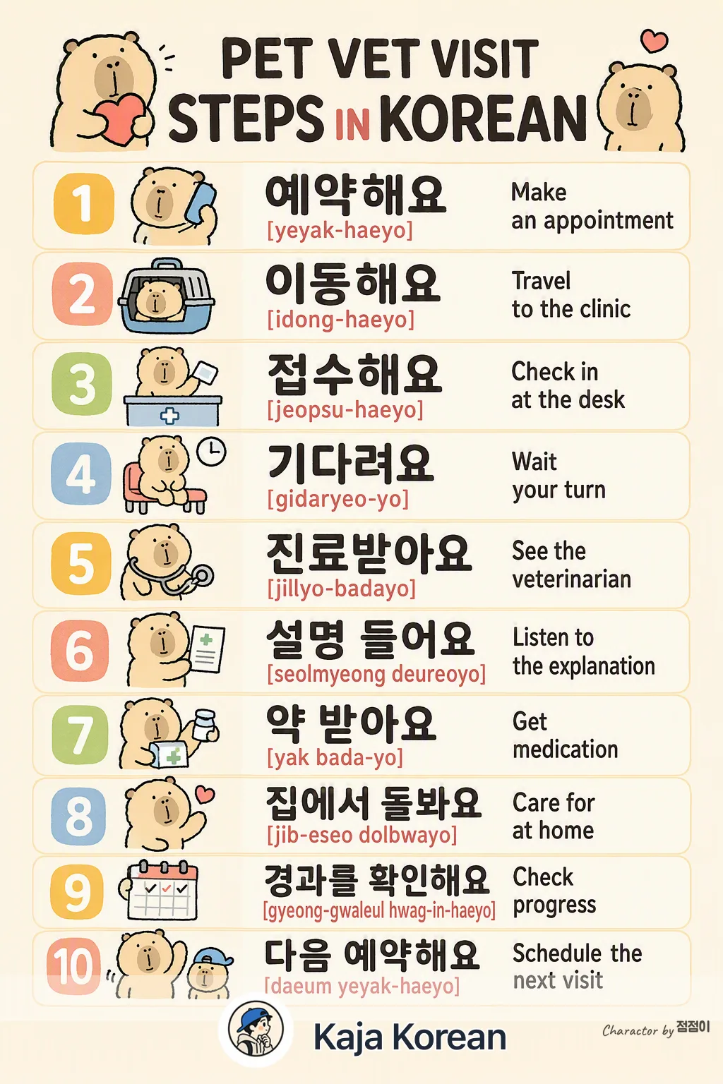 Pet vet visit steps in Korean — Korean vocab chart