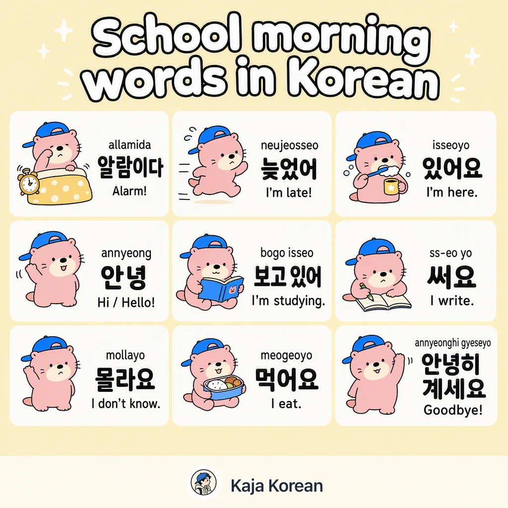 School morning words in Korean — Korean vocab chart