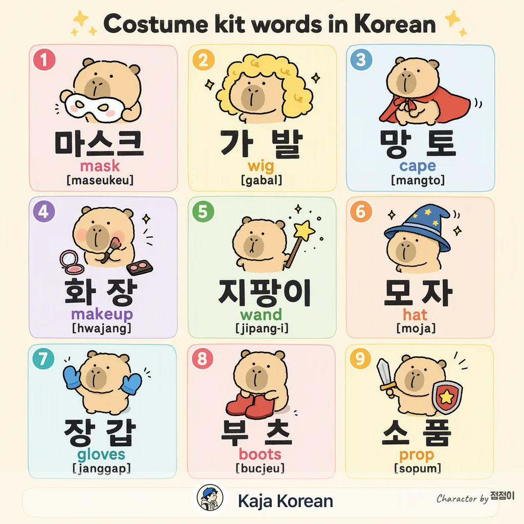Costume kit words in Korean — Korean vocab chart