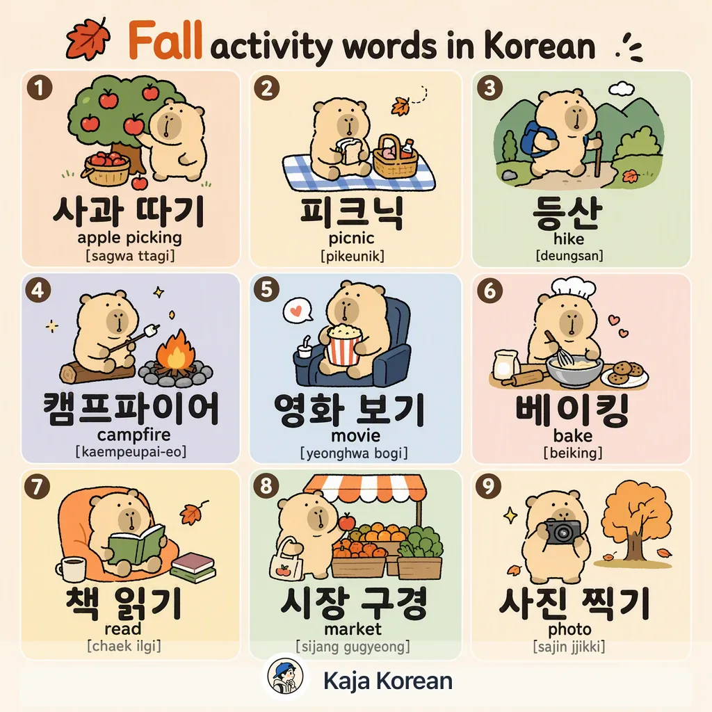 Fall activity words in Korean — Korean vocab chart