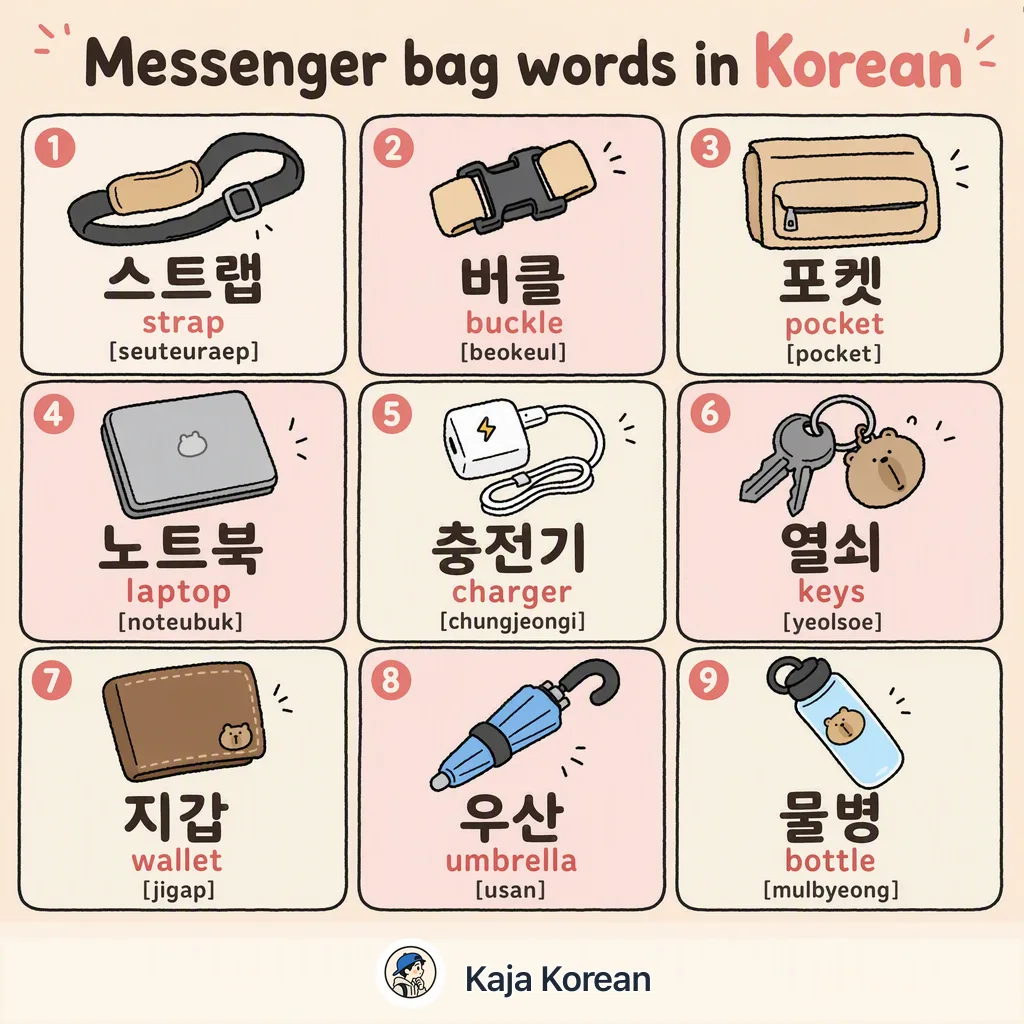 Messenger bag words in Korean — Korean vocab chart