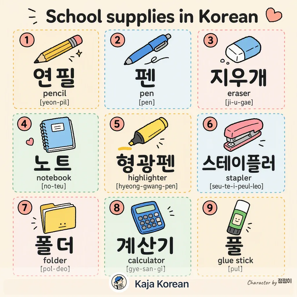 School supplies in Korean — Korean vocab chart