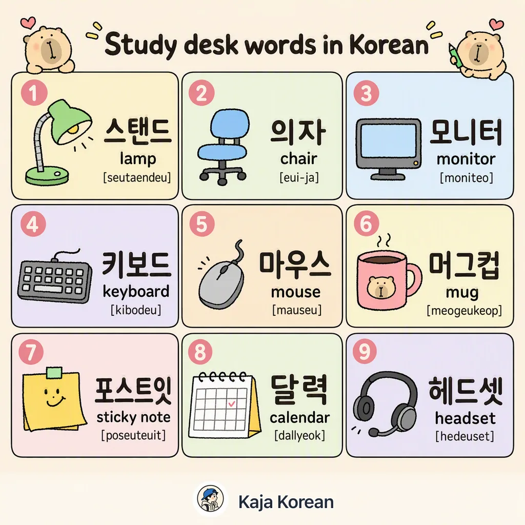 Study desk words in Korean — Korean vocab chart