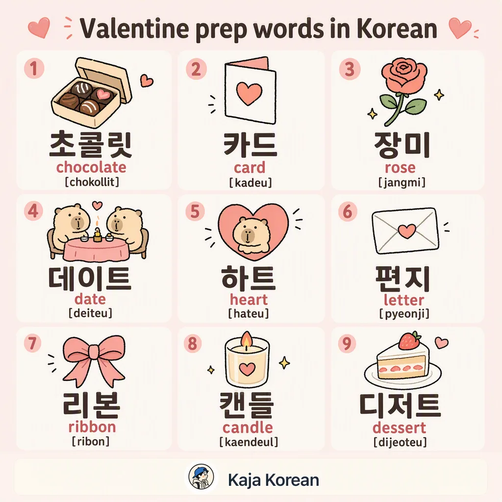 Valentine prep words in Korean — Korean vocab chart