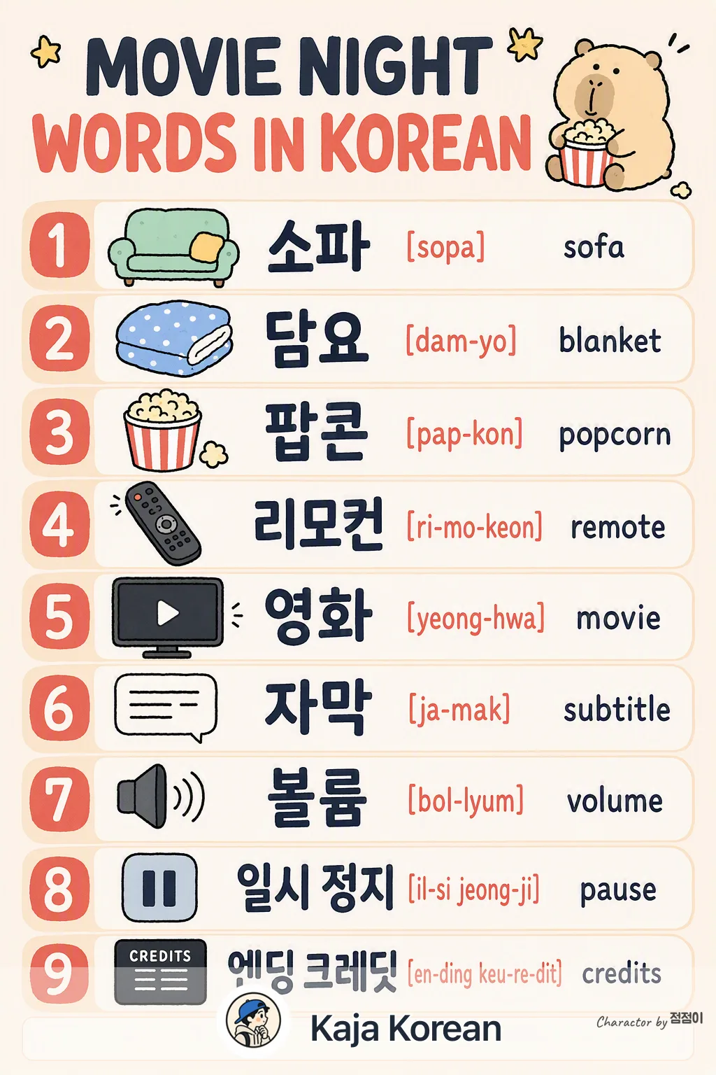 Movie night words in Korean — Korean vocab chart