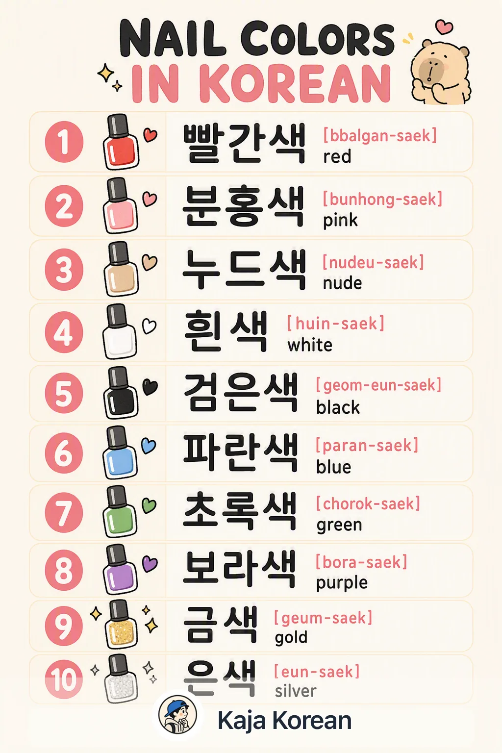 Nail colors in Korean — Korean vocab chart