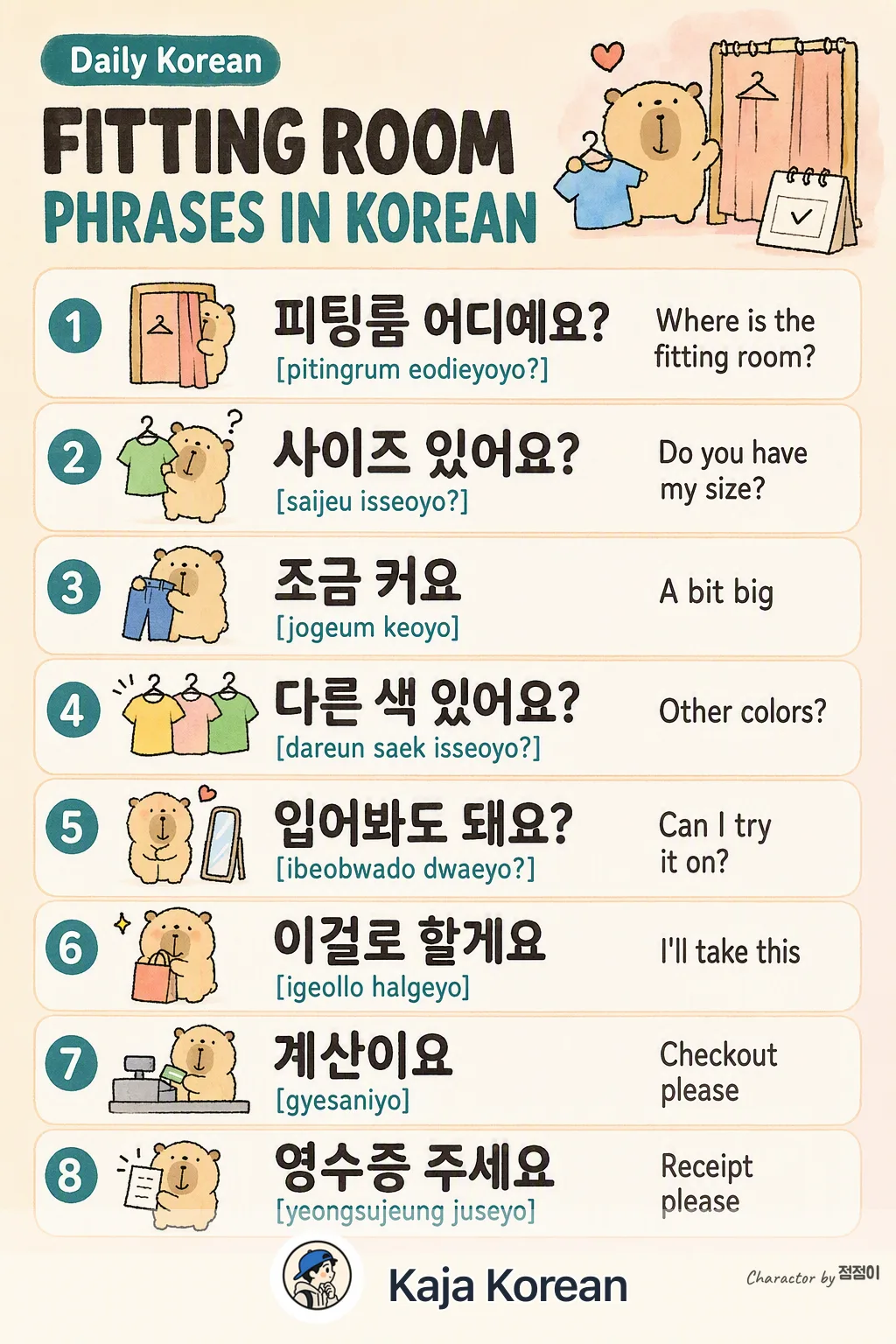 Fitting room phrases in Korean — Korean vocab chart
