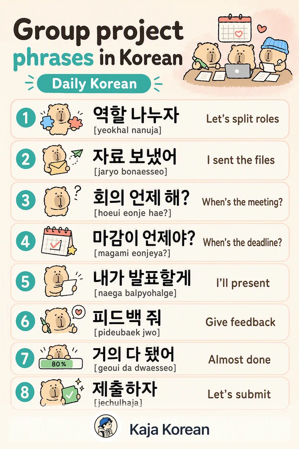 Group project phrases in Korean — Korean vocab chart