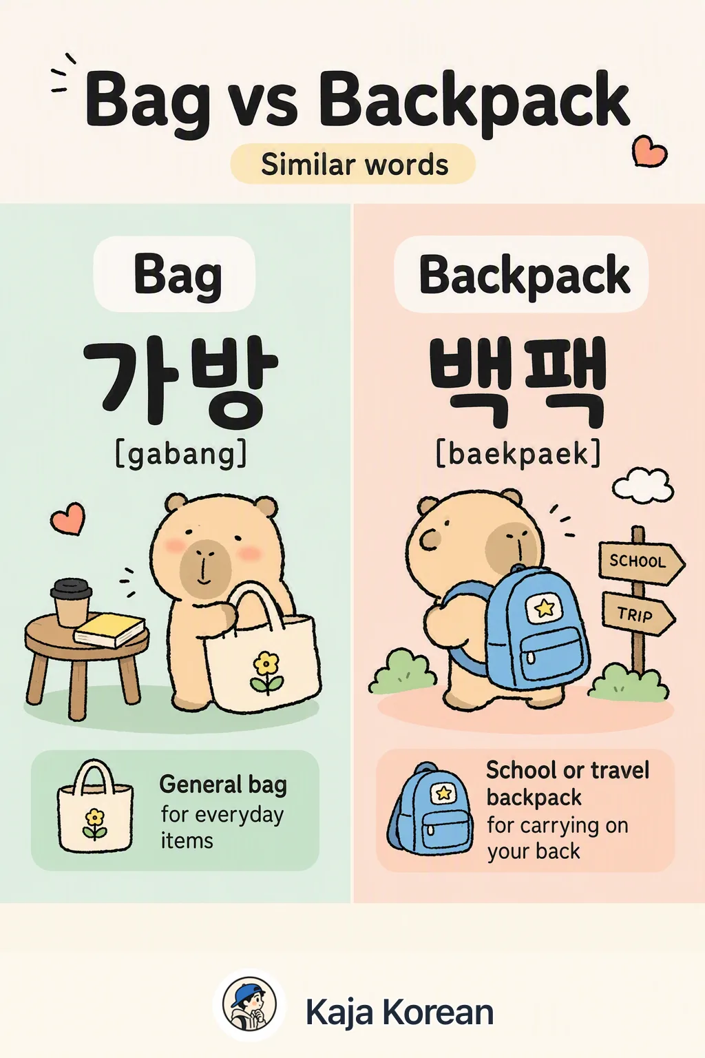 Bag vs Backpack in Korean — Korean vocab chart