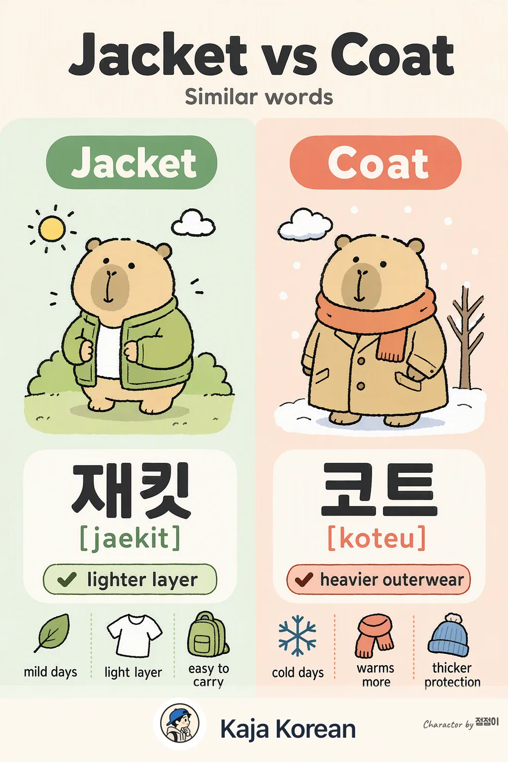 Jacket vs Coat in Korean — Korean vocab chart