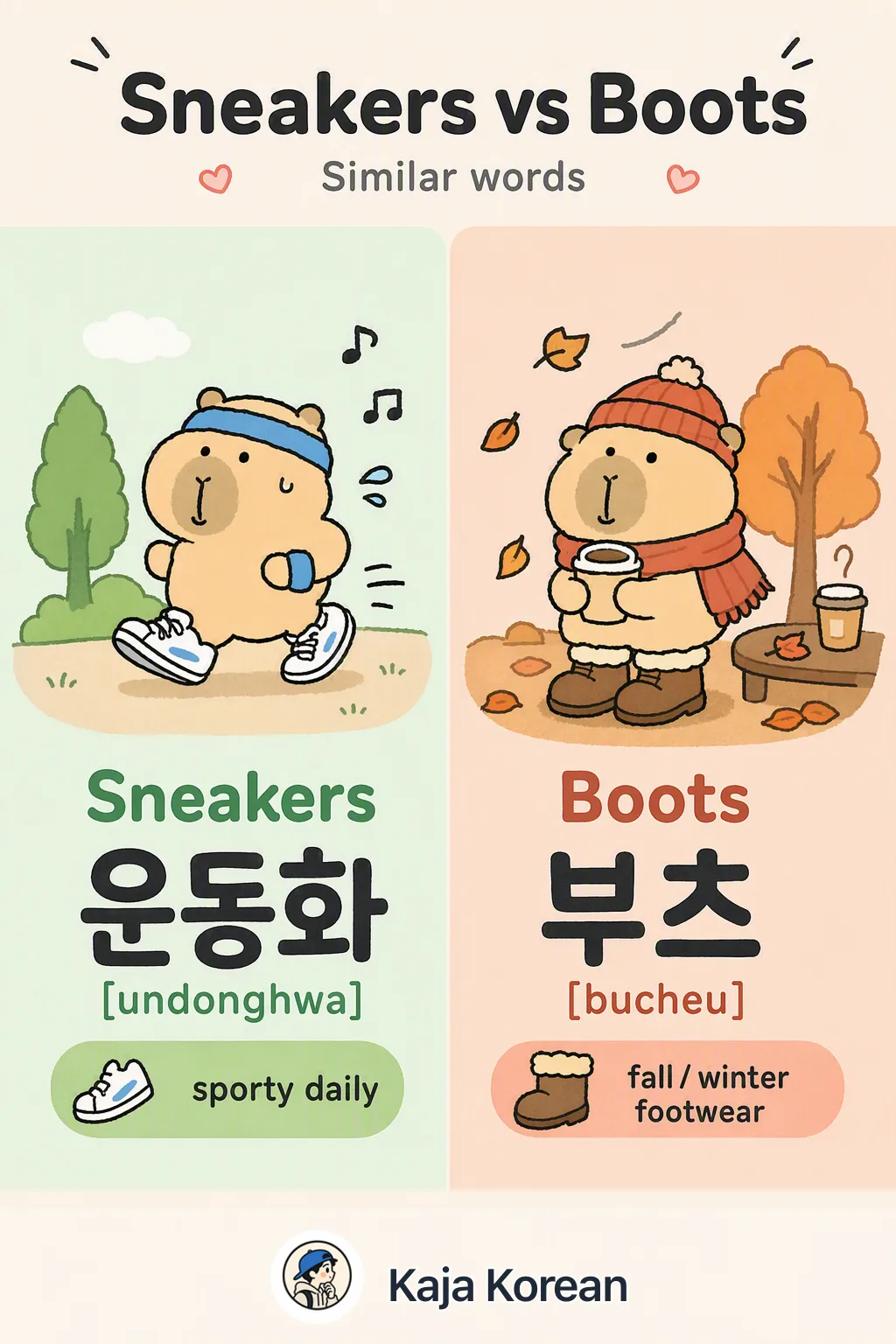 Sneakers vs Boots in Korean — Korean vocab chart