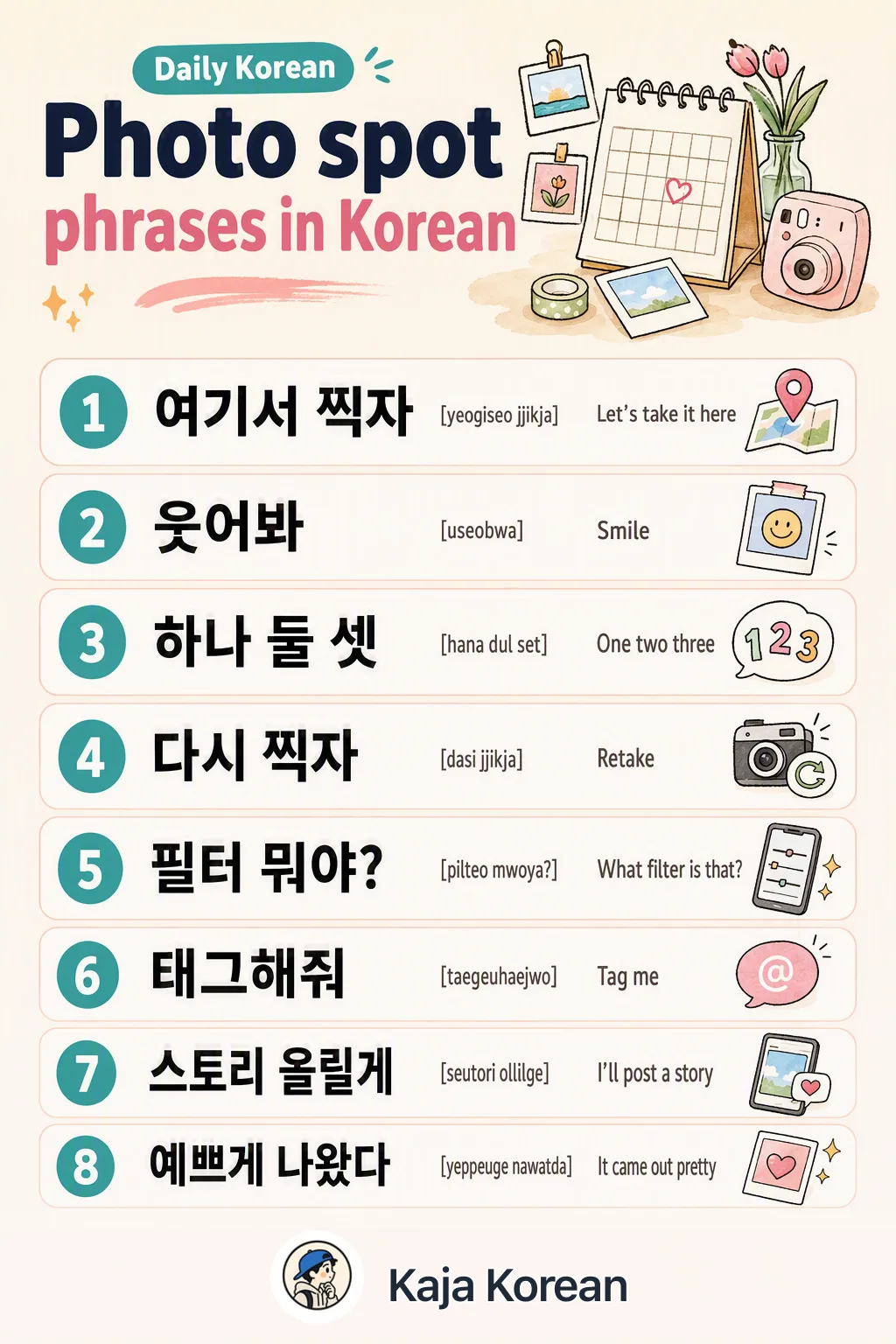 Photo spot phrases in Korean — Korean vocab chart