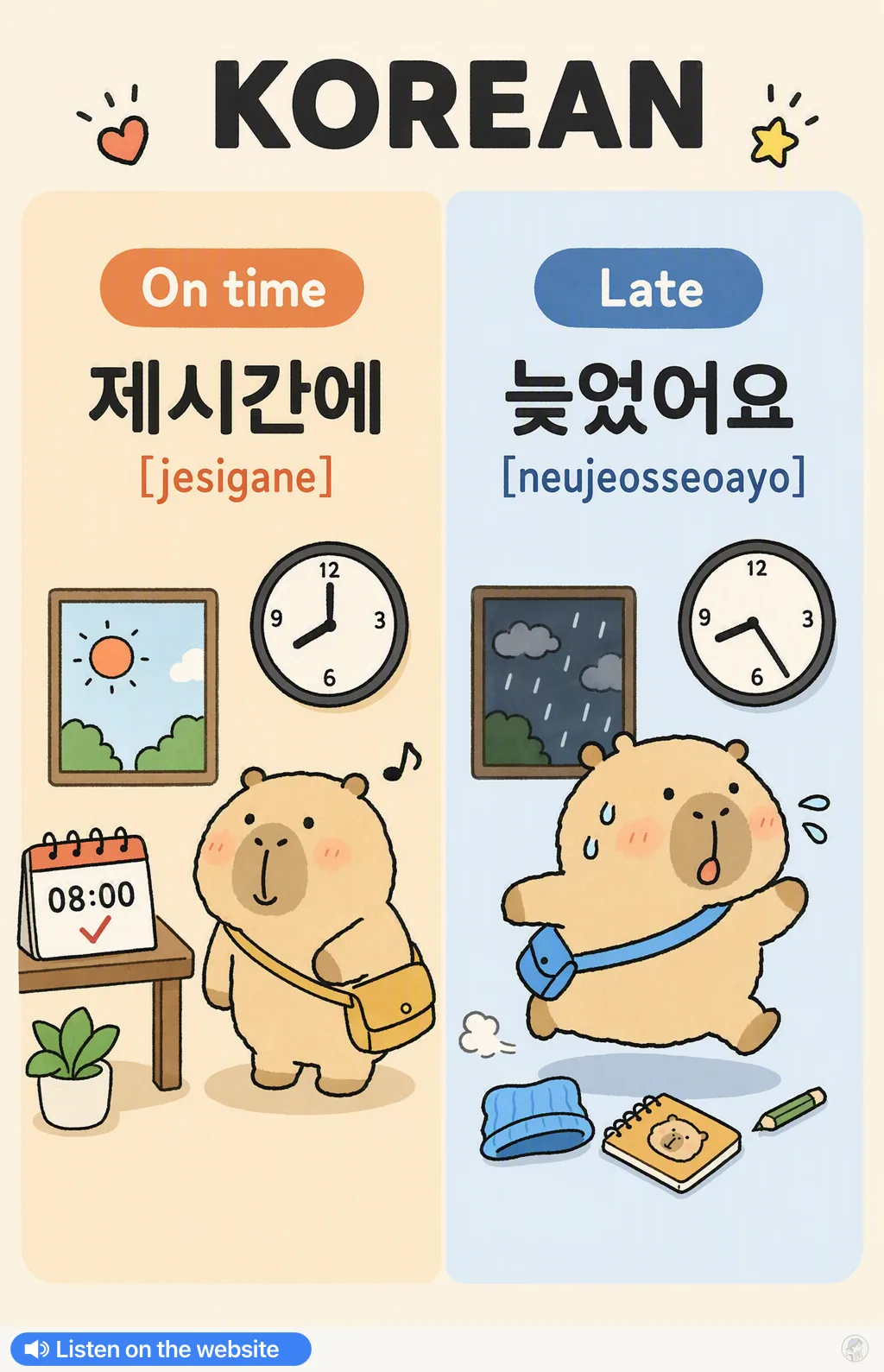 On time vs Late in Korean — Korean vocab chart