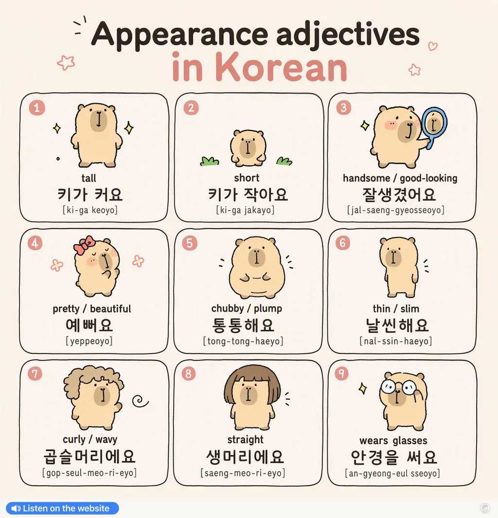 Appearance adjectives in Korean — Korean vocab chart