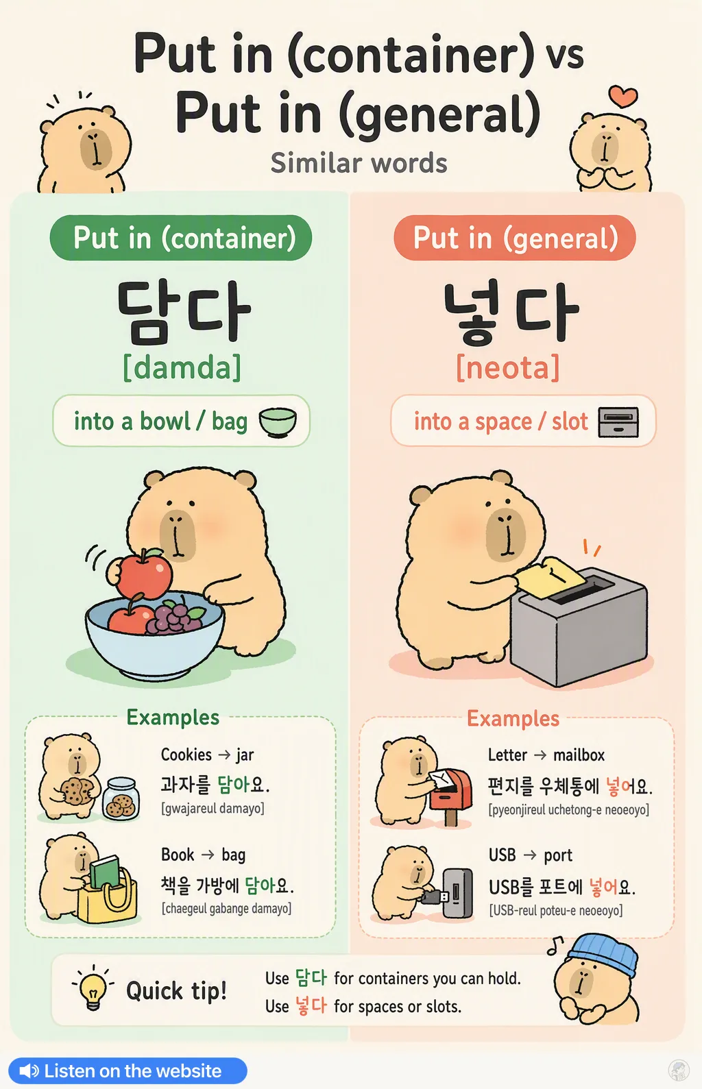 Put in (container) vs Put in (general) in Korean — Korean vocab chart