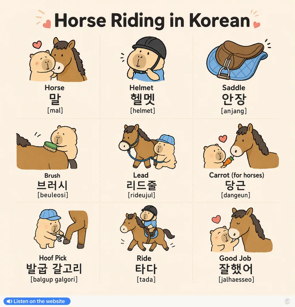 Horse Riding in Korean — Korean vocab chart