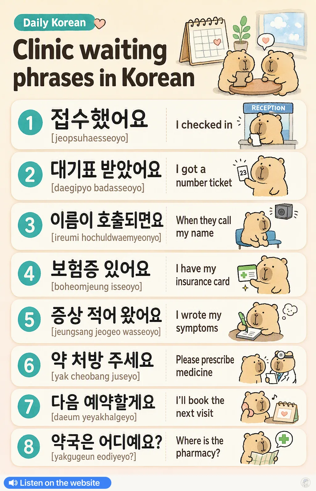 Clinic waiting phrases in Korean — Korean vocab chart