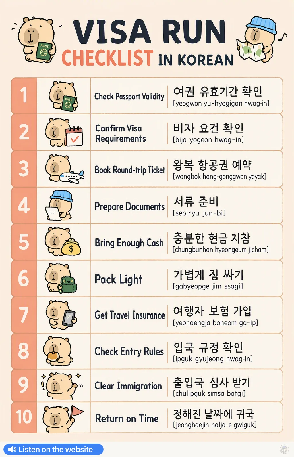 Visa run checklist in Korean — Korean vocab chart