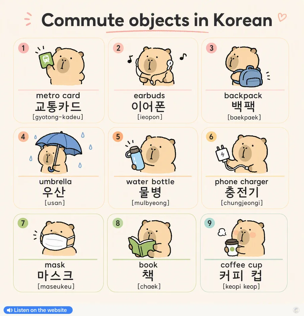 Commute objects in Korean — Korean vocab chart