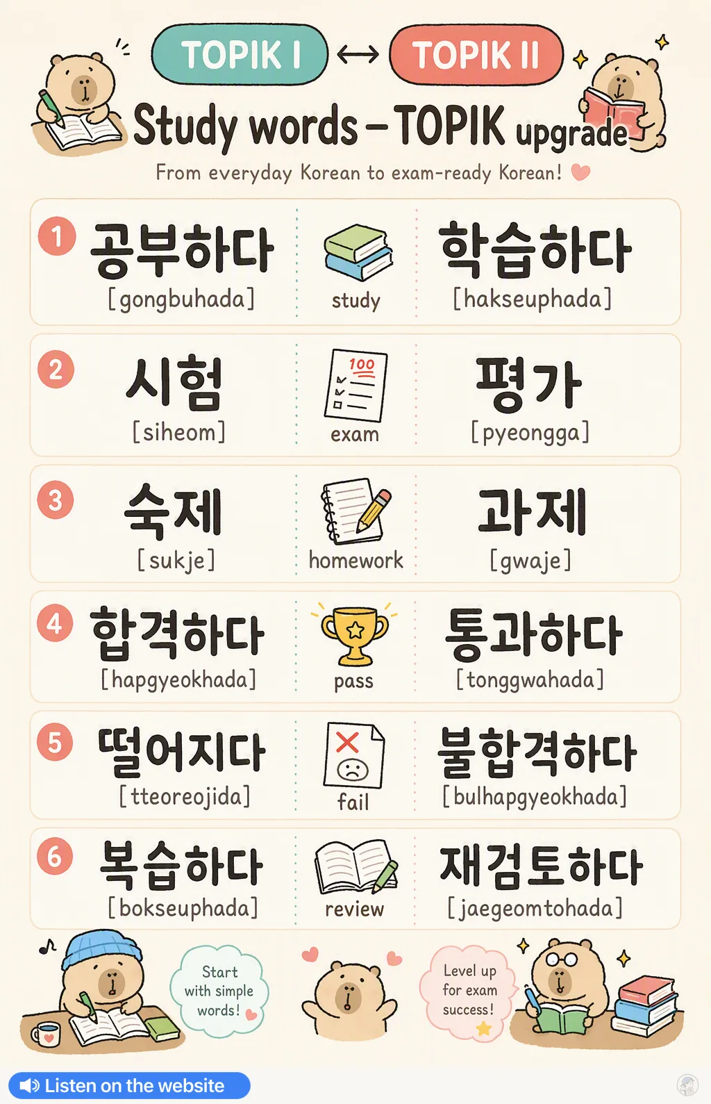 Study words — TOPIK upgrade in Korean — Korean vocab chart