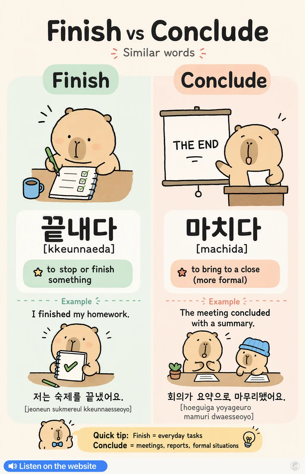 Finish vs Conclude in Korean — Korean vocab chart