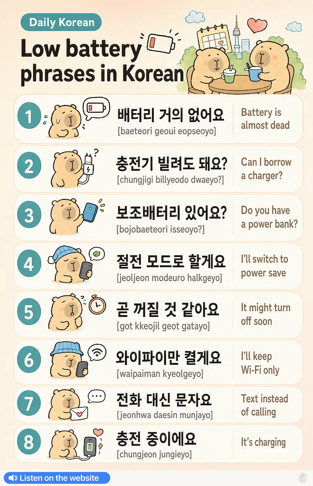 Low battery phrases in Korean — Korean vocab chart