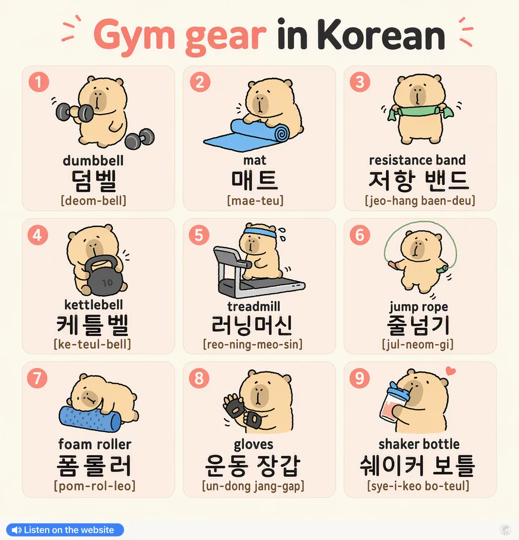 Gym gear in Korean — Korean vocab chart