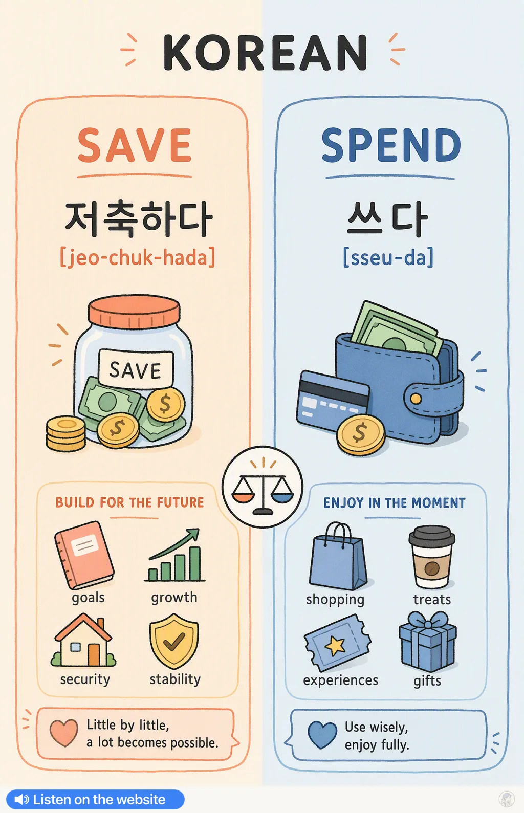 Save vs Spend in Korean — Korean vocab chart
