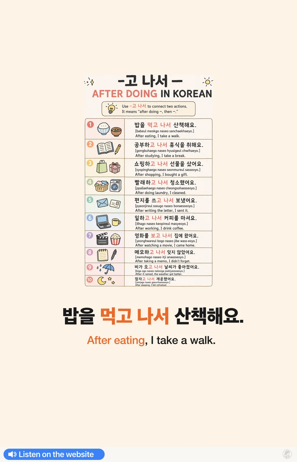 -고 나서 — after doing in Korean — Korean vocab chart