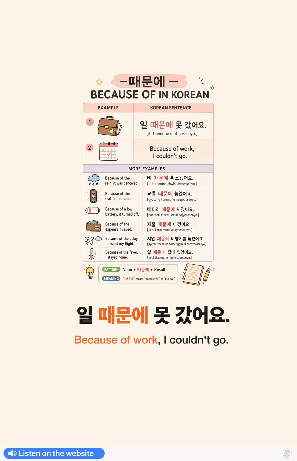 -때문에 — because of in Korean — Korean vocab chart