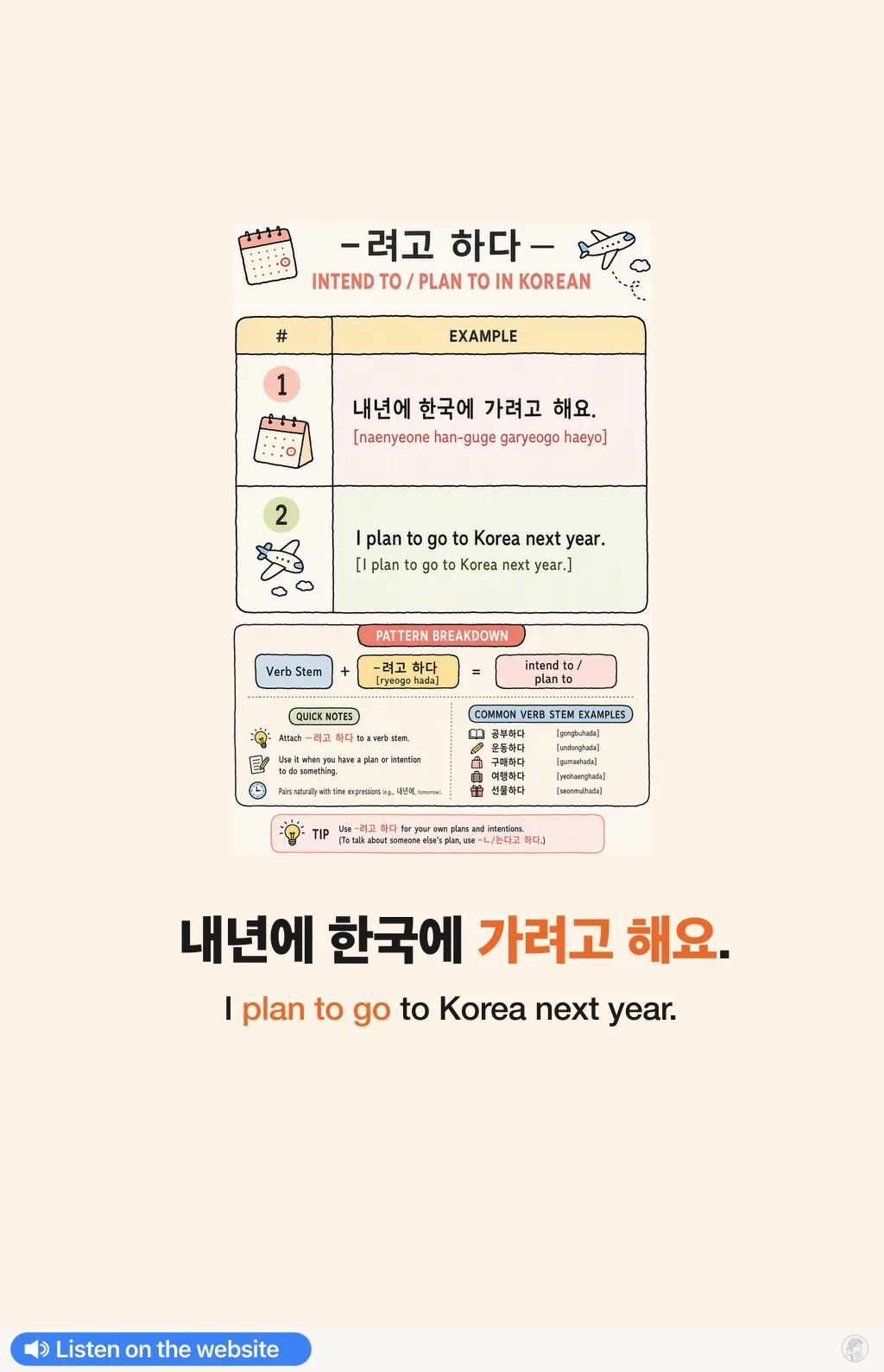 -려고 하다 — intend to / plan to in Korean — Korean vocab chart