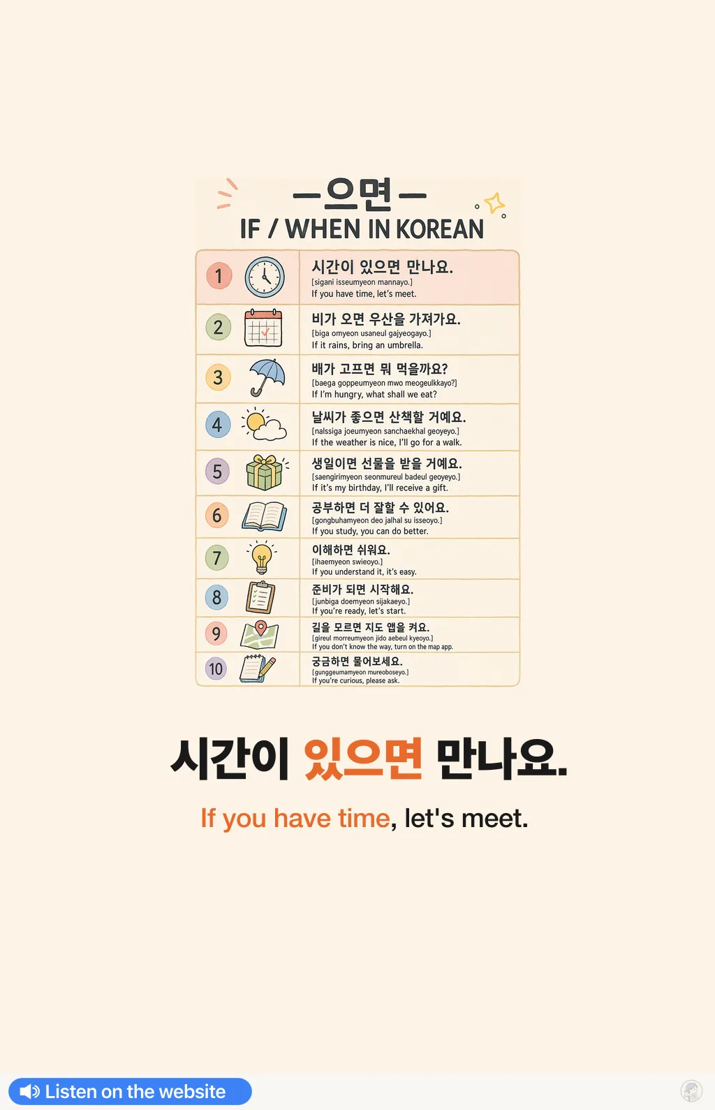 -으면 — if / when in Korean — Korean vocab chart