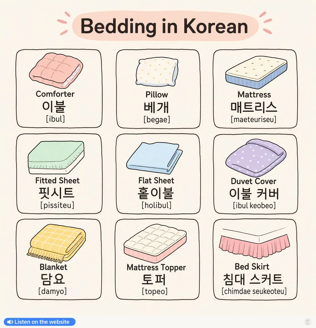 Bedding in Korean — Korean vocab chart