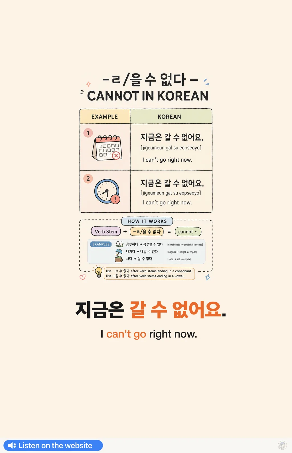 -ㄹ/을 수 없다 — cannot in Korean — Korean vocab chart