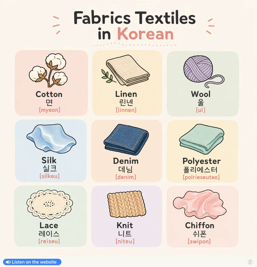 Fabrics Textiles in Korean — Korean vocab chart