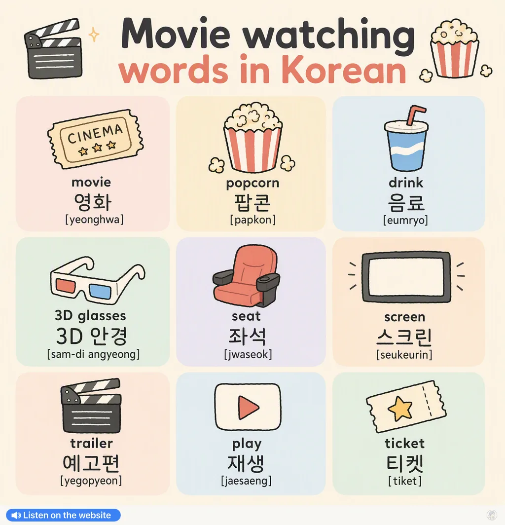Movie watching words in Korean — Korean vocab chart