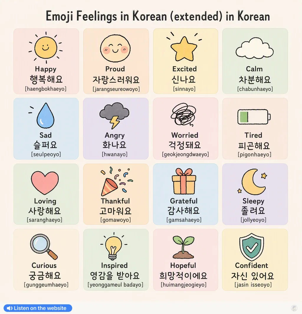 Emoji Feelings in Korean (extended) — Korean vocab chart