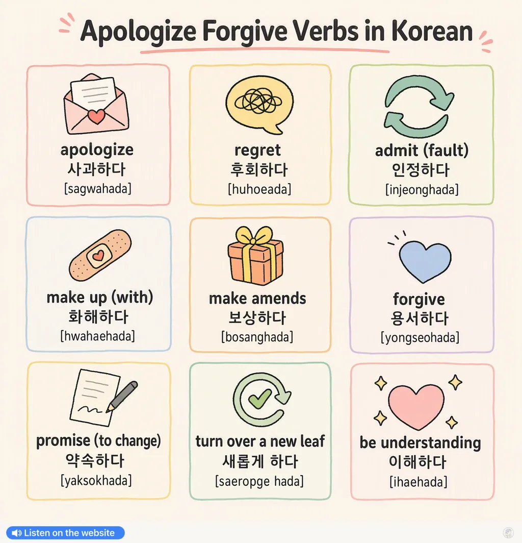 Apologize Forgive Verbs in Korean — Korean vocab chart