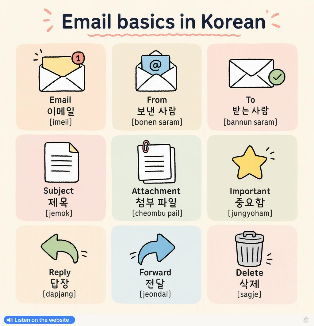 Email basics in Korean — Korean vocab chart